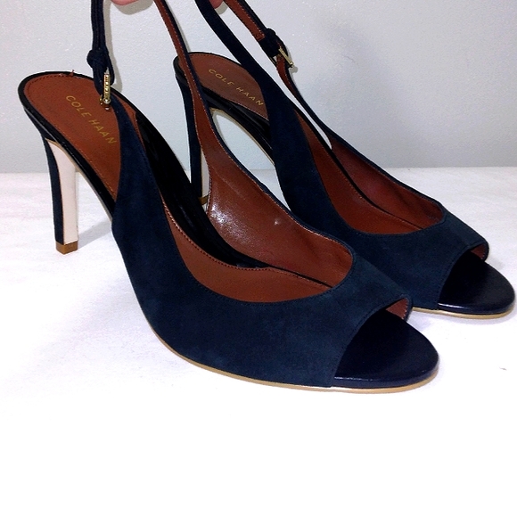 NWT COLE HAAN 'Maya' Suede Peeptoe Slingback Stilettos in Midnight Blue Size 9B - Picture 3 of 11